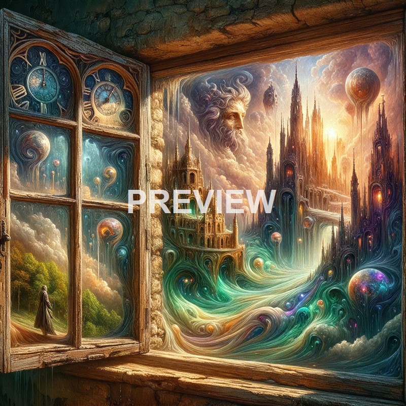 An intricate, surreal painting of a fantastical cityscape viewed through an open window, featuring towering spires, swirling clouds, a giant bearded face in the sky, and floating orbs, all rendered in a dreamlike, luminous style.
